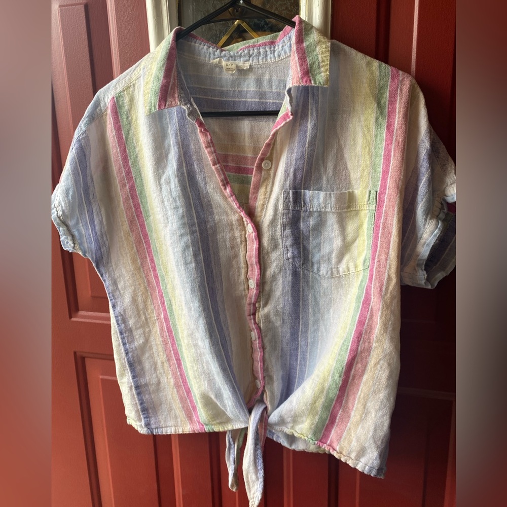 Cropped tie short sleeve button-down shirt, casual